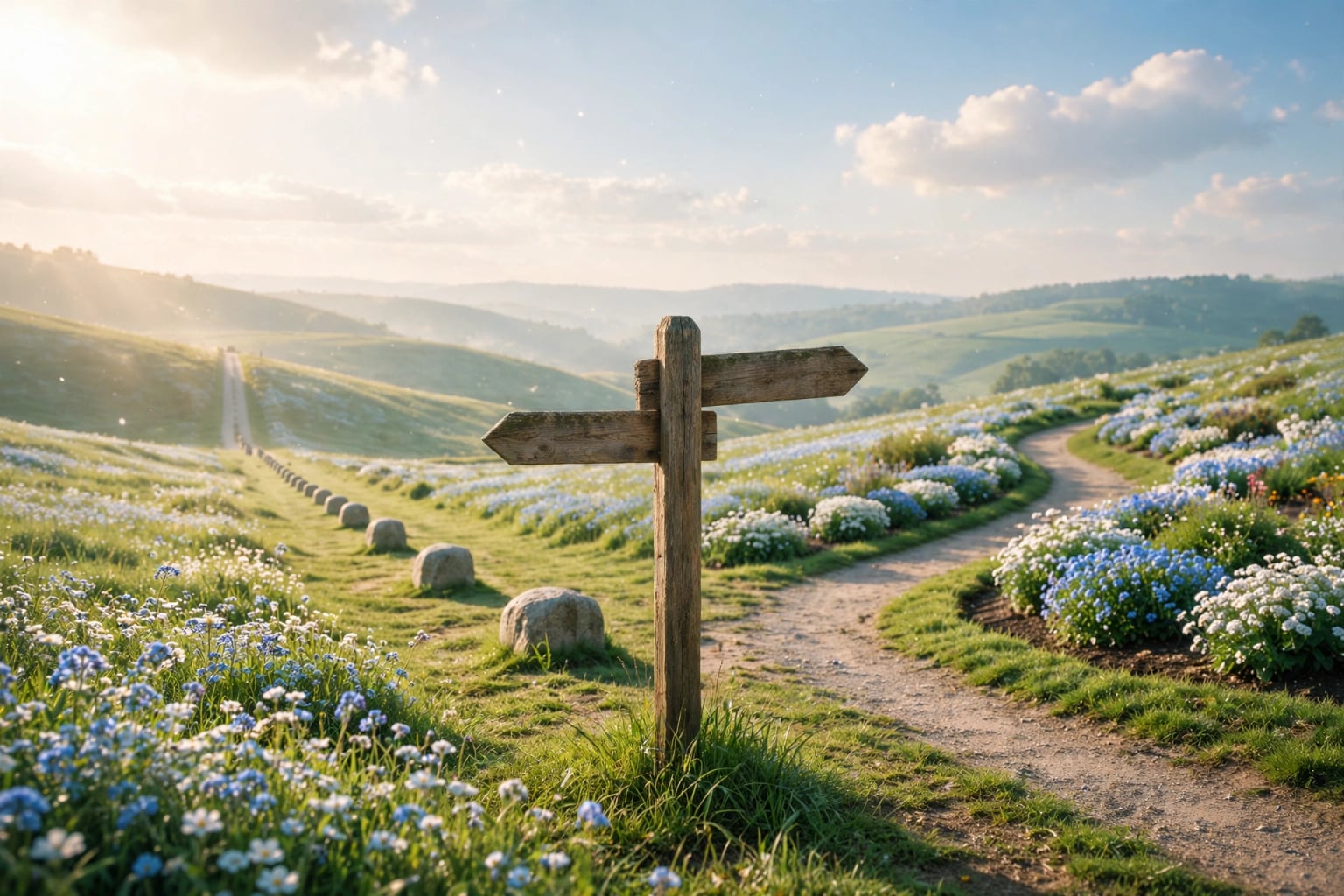 A wooden signpost with two arms at a fork in a meadow path, one path lined with milestone stones and the other winding past flower beds, in warm early sunlight