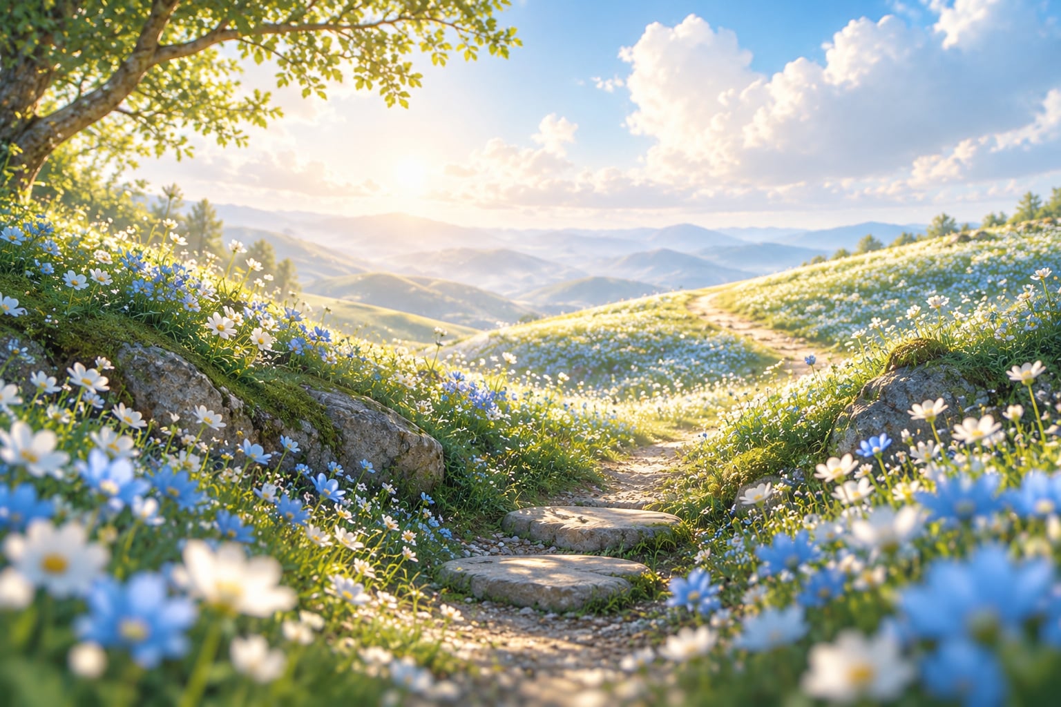 A meadow path emerging from a shaded hollow into sunlight