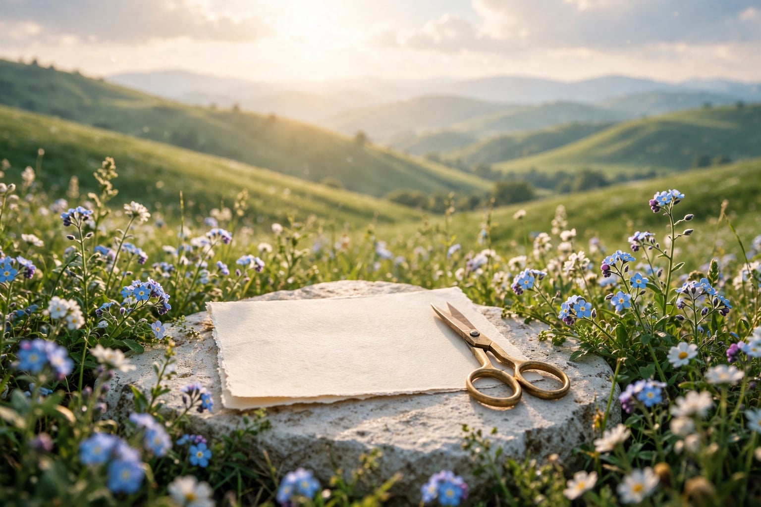 A sheet of cream paper and brass scissors resting on pale stone among blue-and-white wildflowers in warm early sunlight