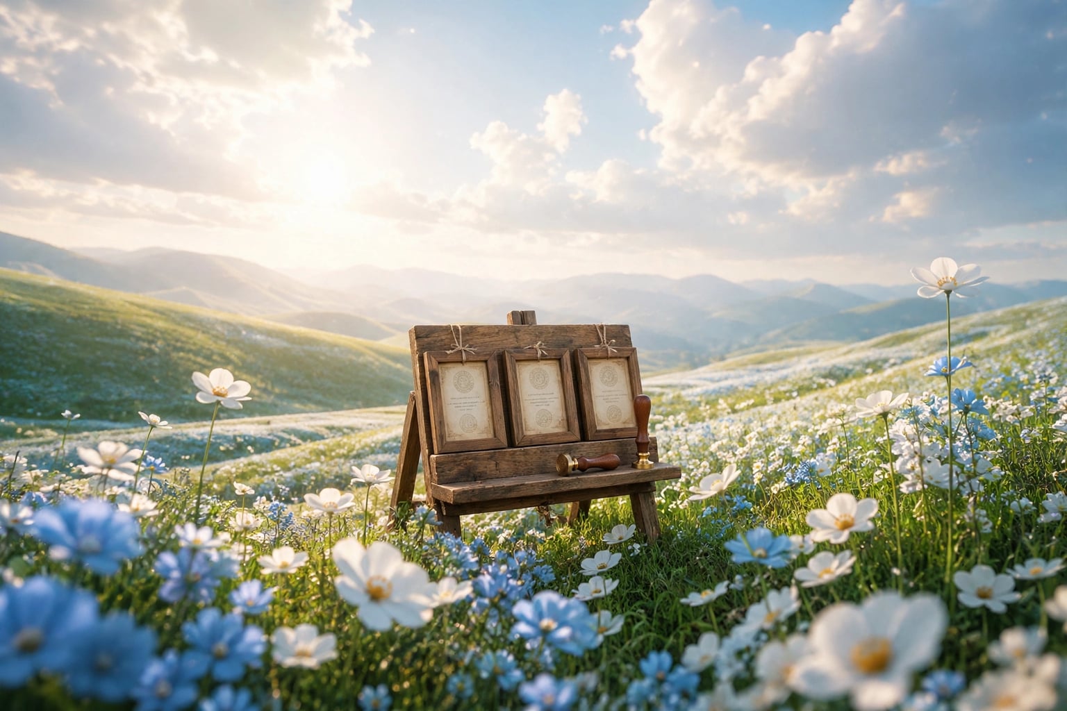 A wooden display board holding three framed certificates with a brass seal stamp, standing in a meadow of blue-and-white wildflowers in warm early sunlight