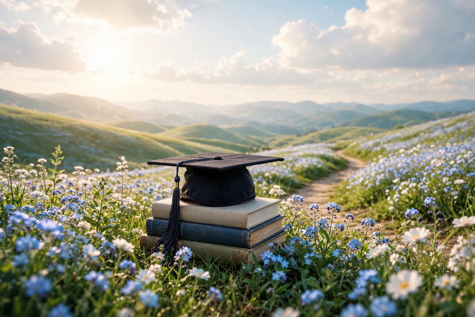 A graduation cap resting on a stack of three books on a grassy hill among blue and white wildflowers, with a winding path leading toward sunlit hills
