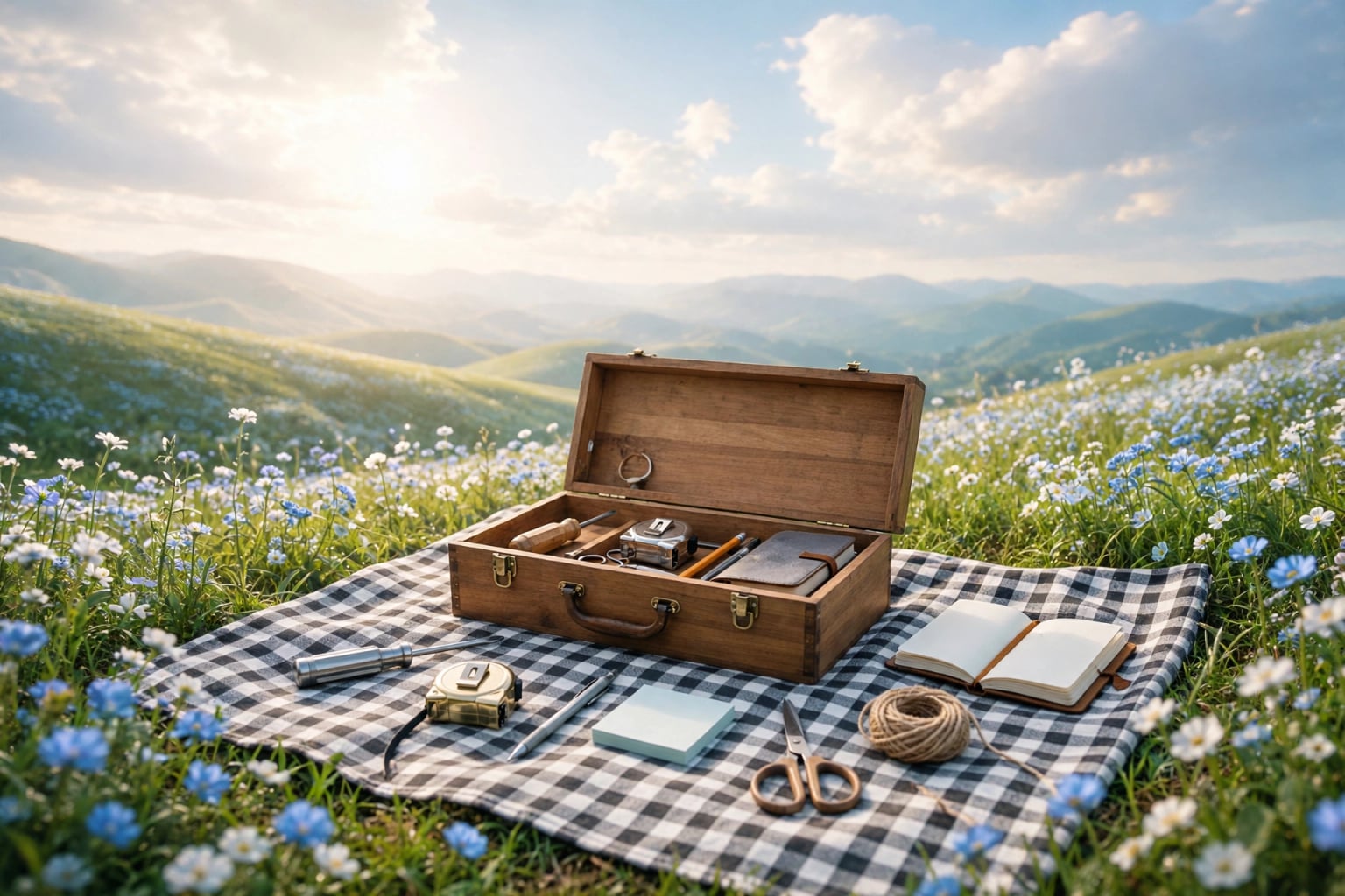 A wooden toolbox with neatly organised tools spread on a checkered picnic cloth on a grassy hill among blue-and-white wildflowers in warm early sunlight