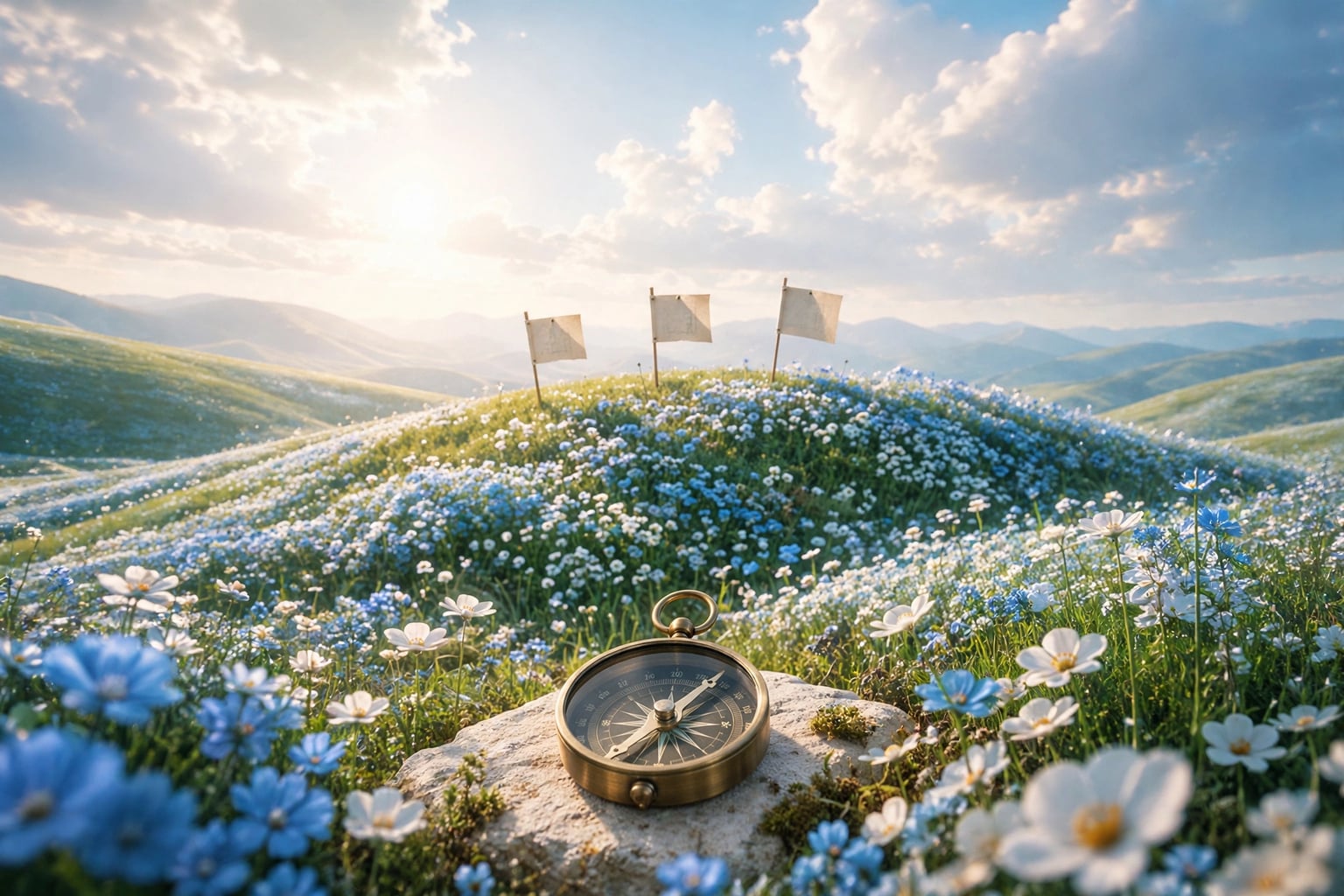 Three paper project plans pinned like small flags on a green hill among blue-and-white wildflowers, with a brass compass on a pale stone in the foreground
