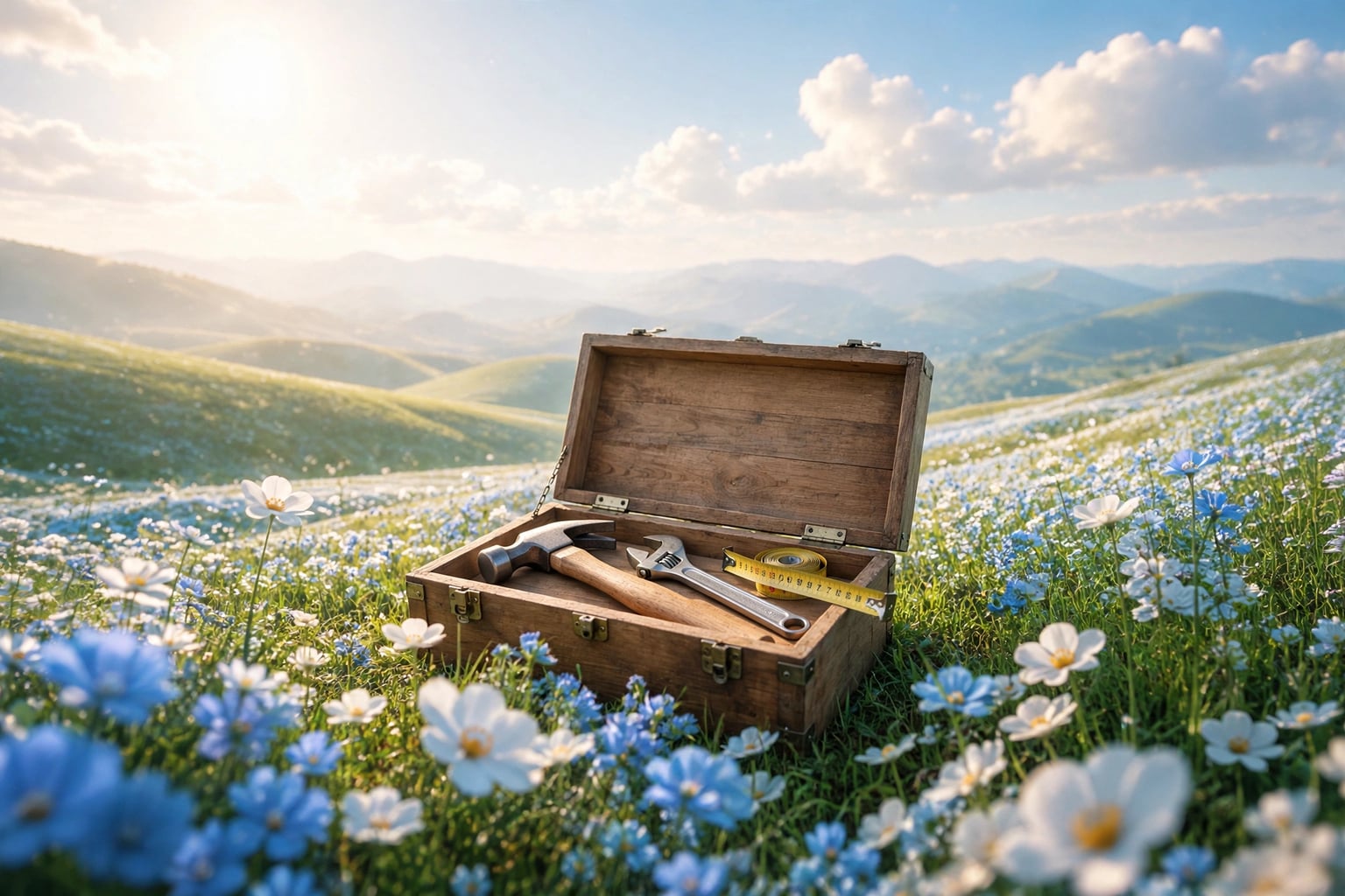 An open wooden toolbox holding a hammer, a spanner, and a yellow measuring tape, resting in a meadow of blue-and-white wildflowers in warm early sunlight