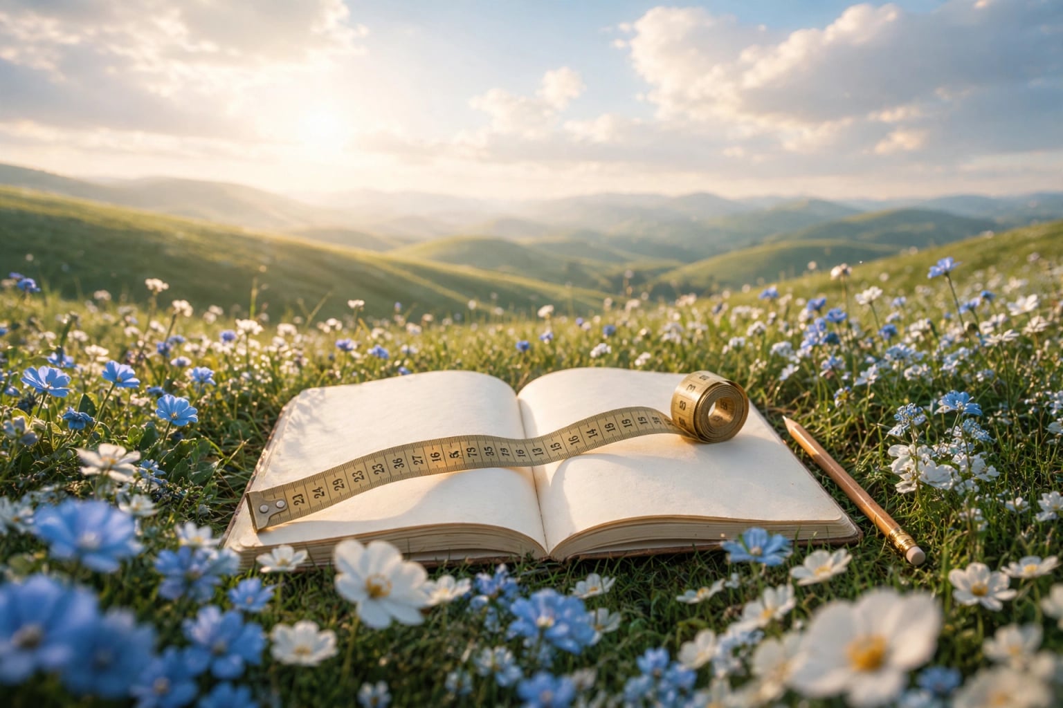 A brass measuring tape unrolled across an open notebook with a pencil beside it, resting in a meadow of blue-and-white wildflowers in warm early sunlight