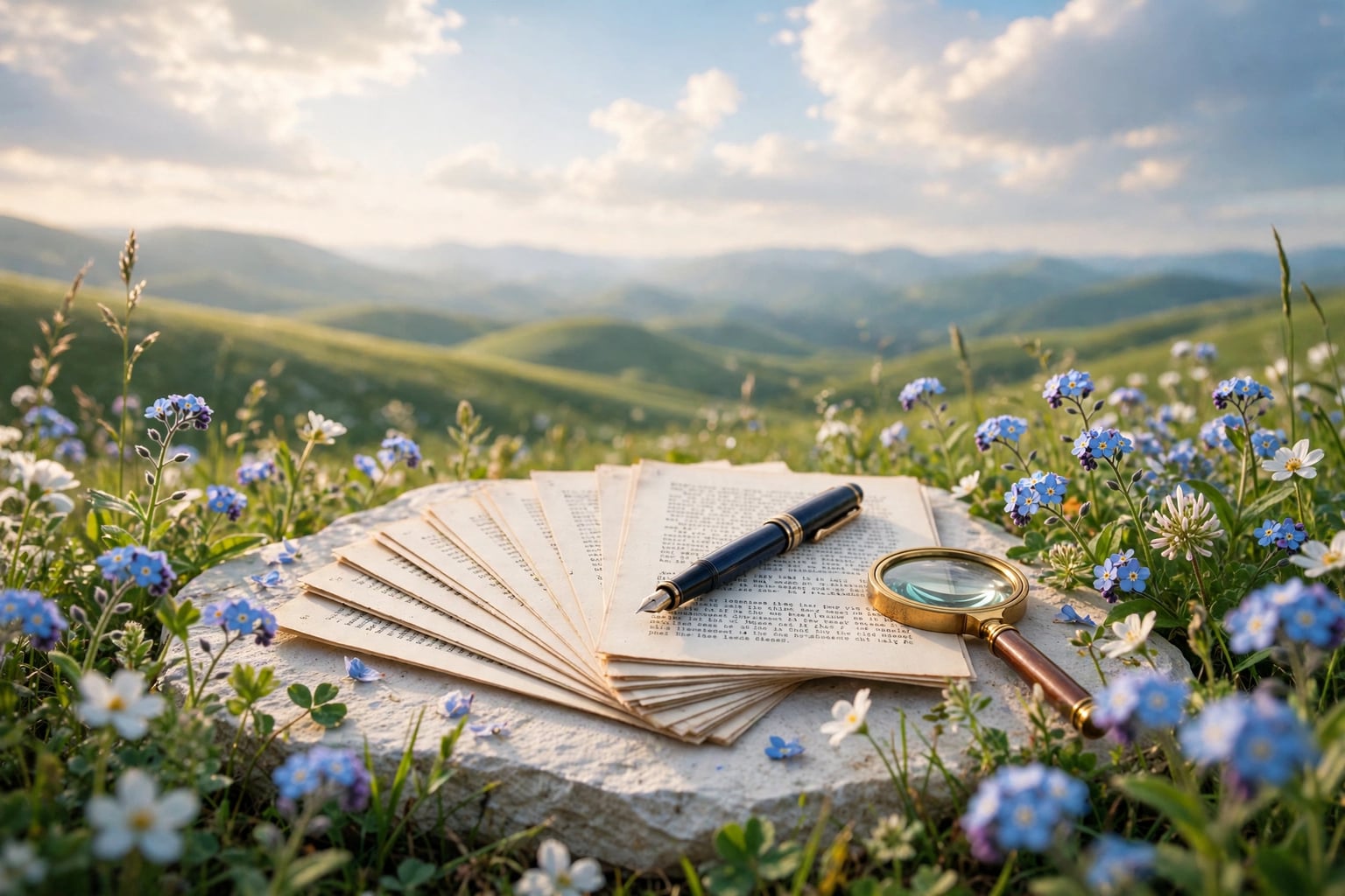 A fountain pen resting on a fanned stack of typed pages with a brass magnifying glass, on pale stone among blue-and-white wildflowers in warm early sunlight
