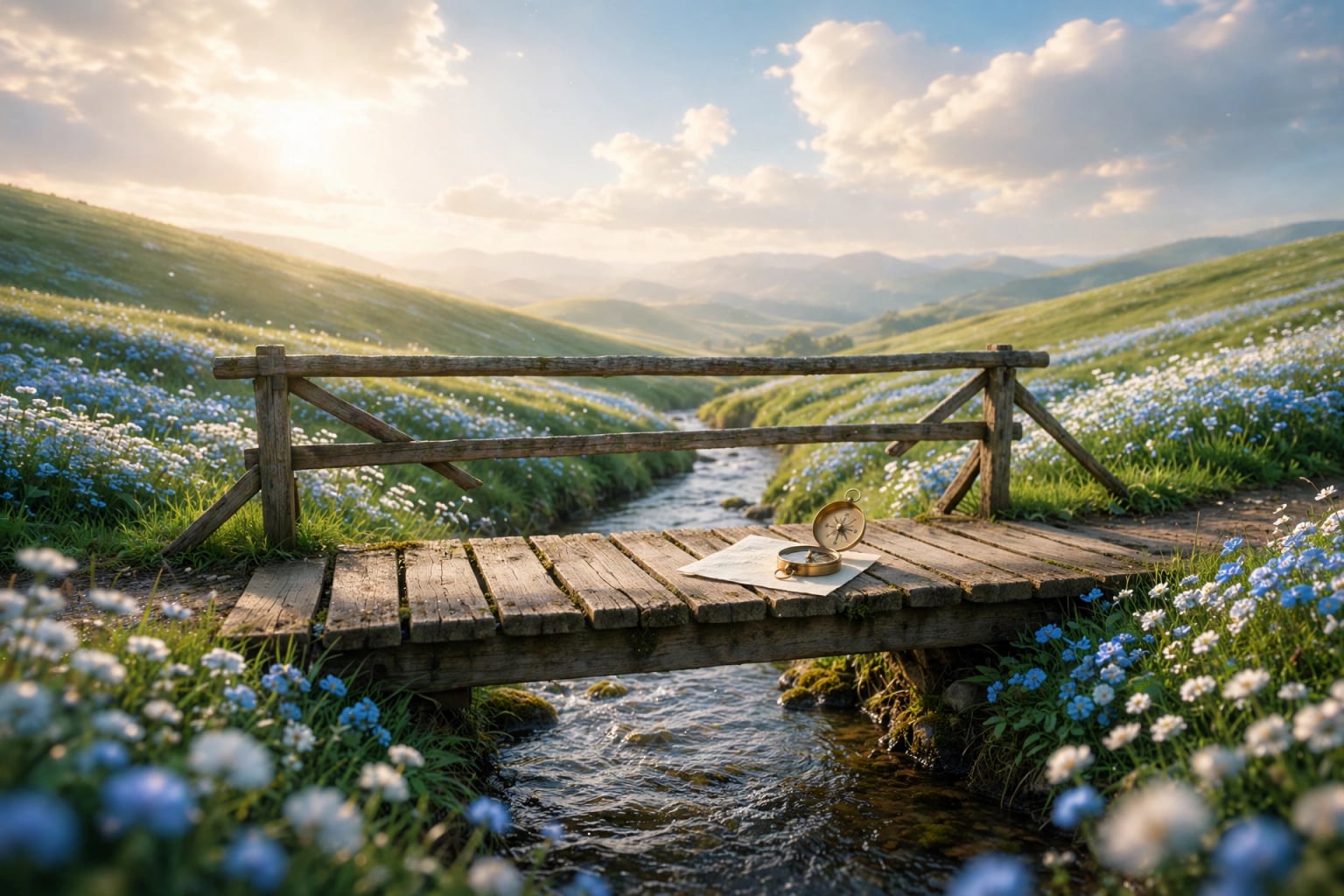A wooden footbridge over a narrow stream between rolling green hills, with a sheet of paper and a small brass compass resting on its planks, surrounded by blue-and-white wildflowers in warm early sunlight