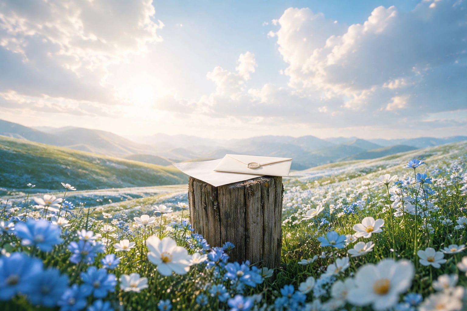 A sheet of paper and a sealed cream envelope resting on a weathered wooden fence post, in a meadow of blue-and-white wildflowers with rolling green hills under warm early sunlight