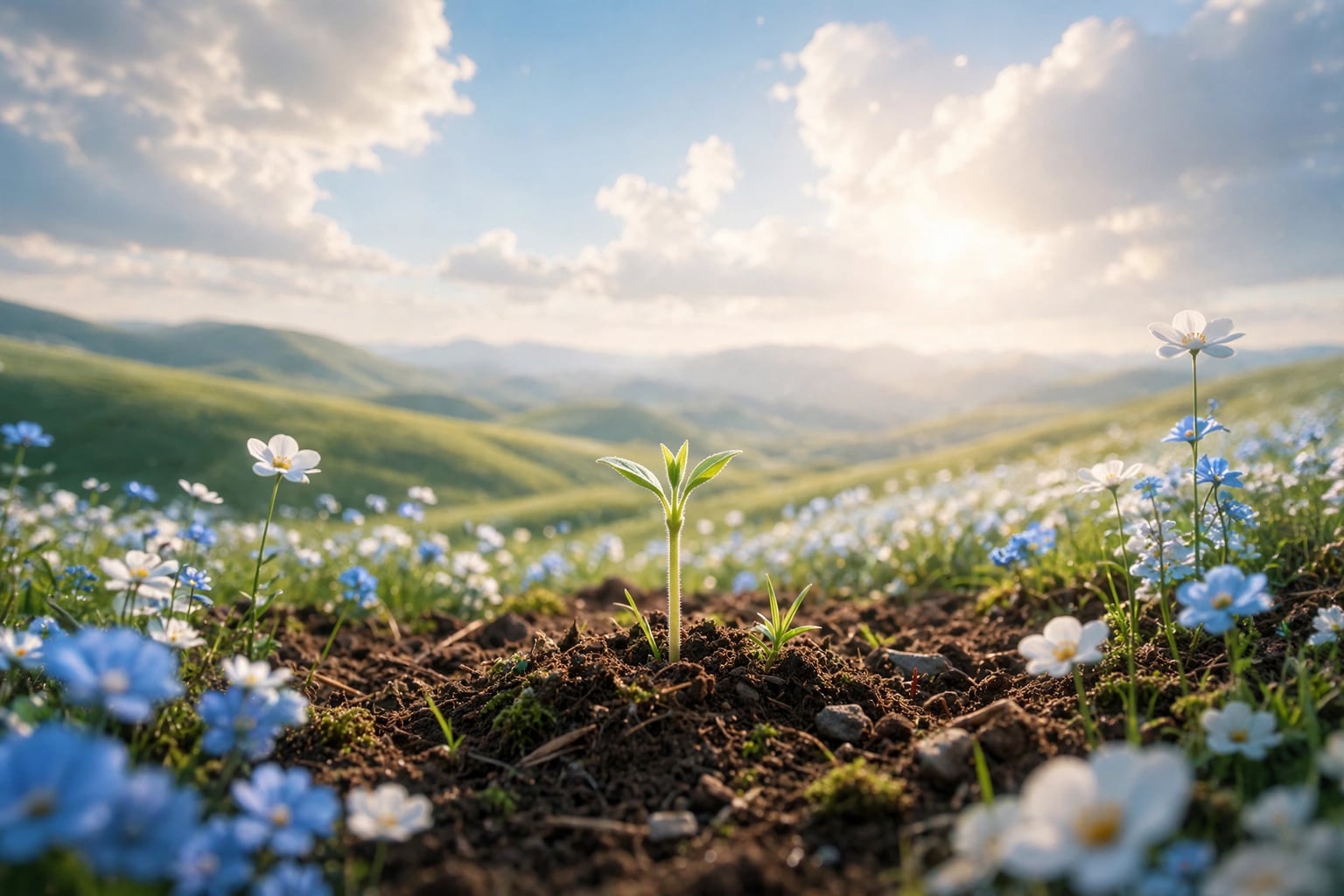 A young green sprout pushing up through meadow soil among blue-and-white wildflowers in warm early sunlight