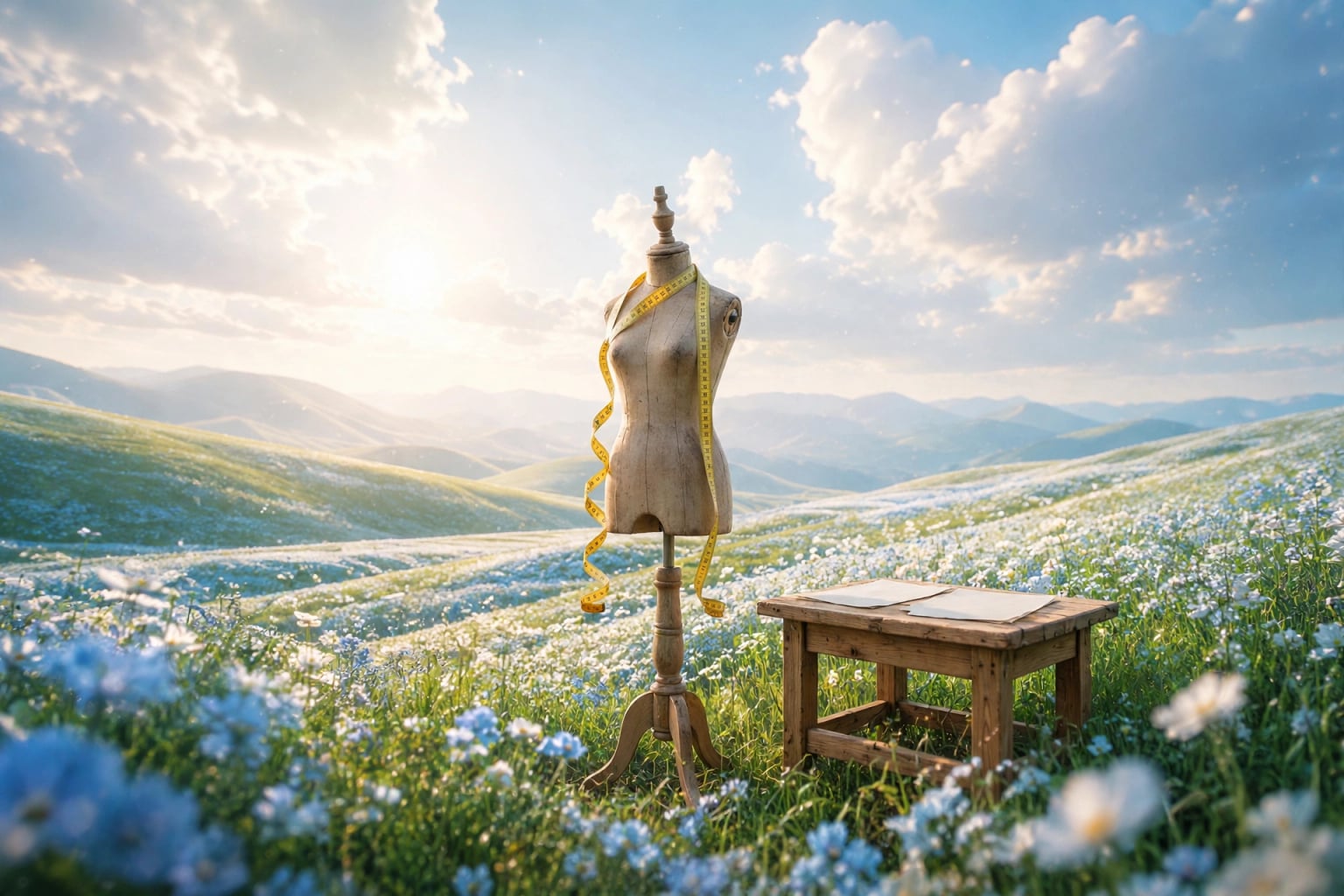 A wooden tailor's mannequin with a yellow measuring tape draped around it, beside a small wooden table holding two sheets of paper, in a meadow of blue-and-white wildflowers in warm early sunlight