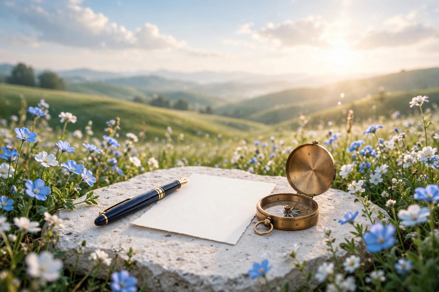 A fountain pen and a brass compass resting beside a blank sheet of paper on pale stone among blue-and-white wildflowers in warm early sunlight