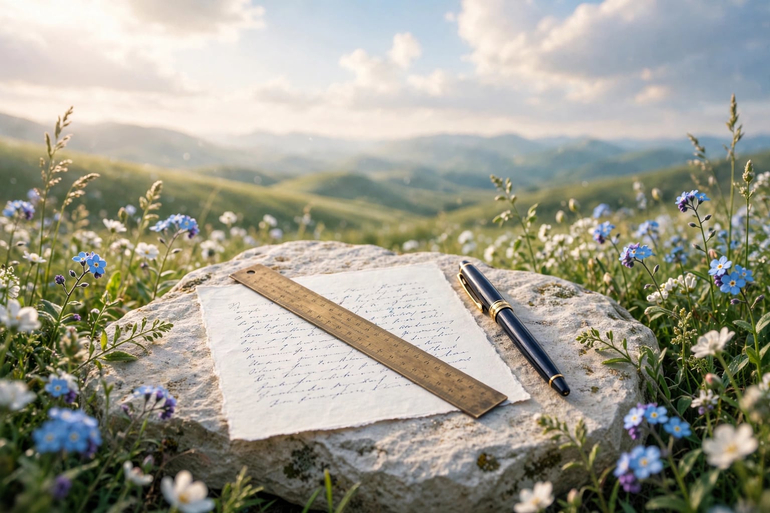 A brass ruler and a fountain pen resting beside a sheet of paper with neatly written lines, on pale stone among blue-and-white wildflowers in warm early sunlight