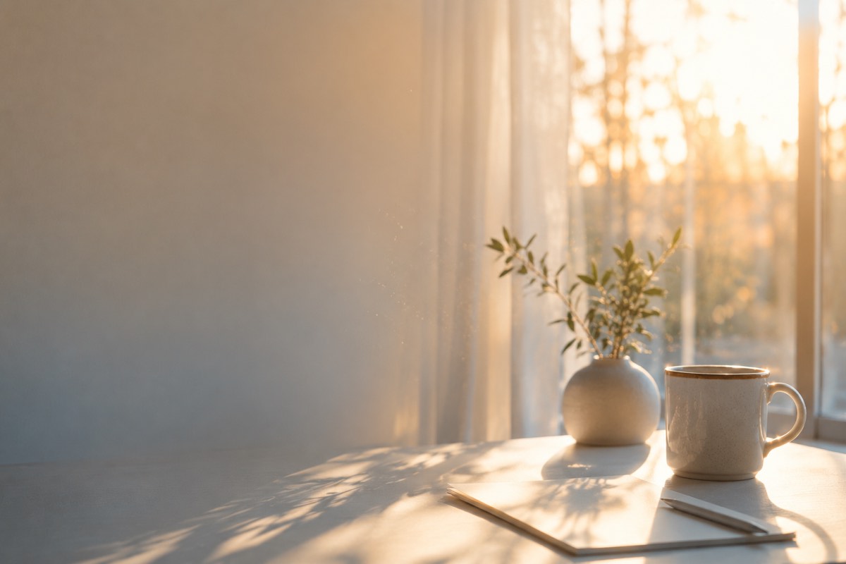 A warm workspace at sunrise — a mug and notebook by a bright window