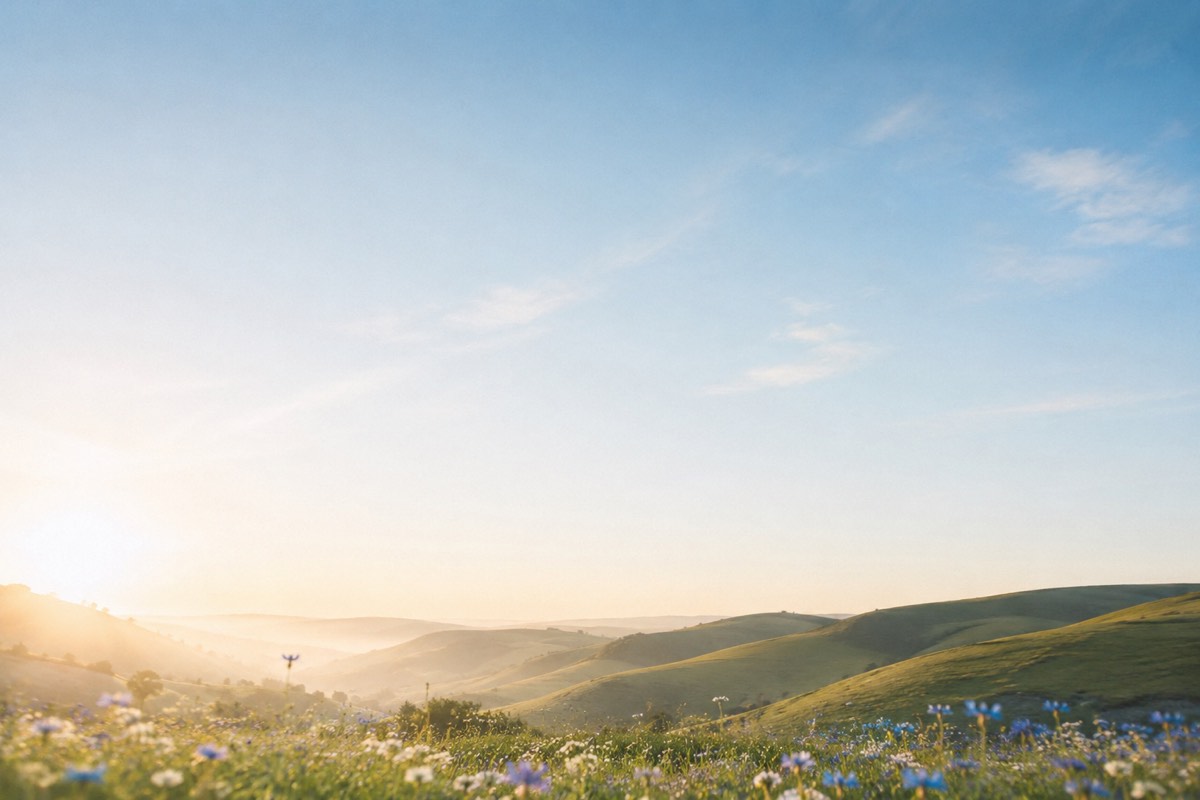 Rolling green hills and wildflowers under a bright morning sky