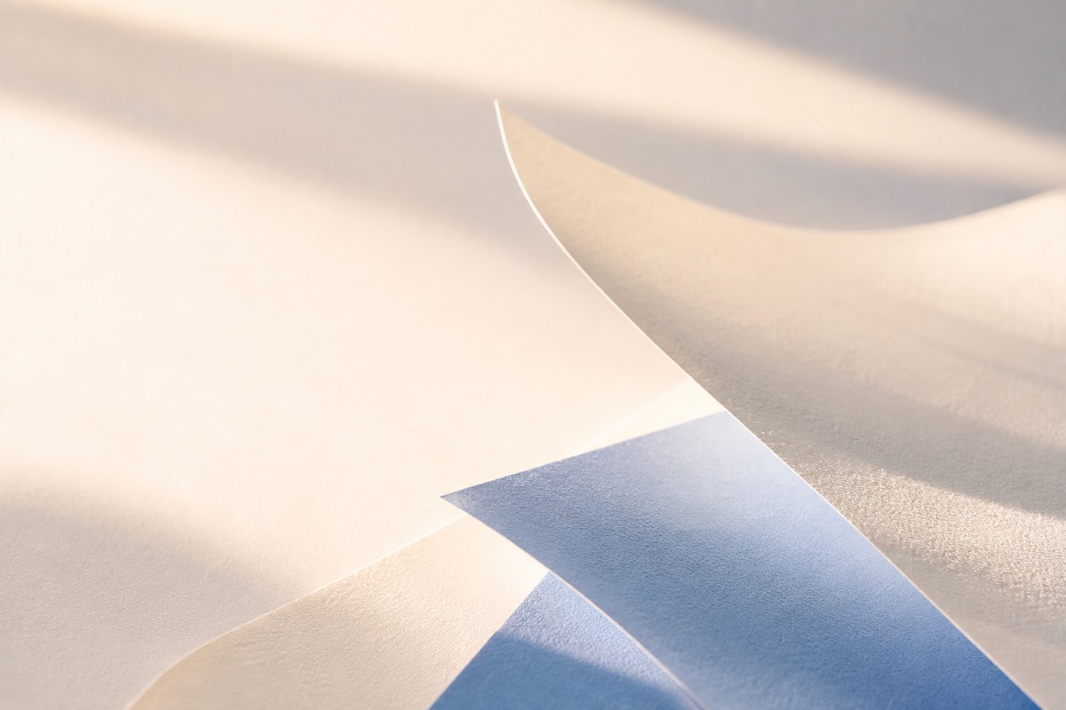 Curved sheets of paper catching soft blue light